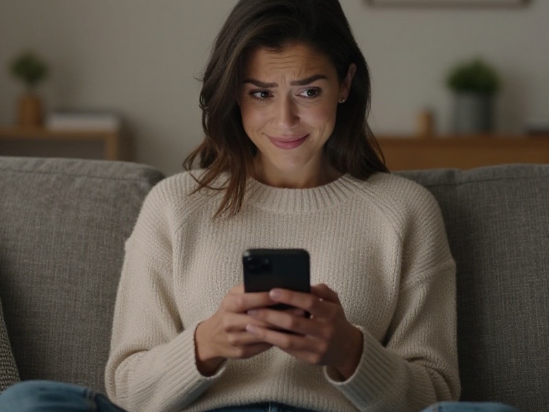 A woman in her late twenties sitting on a sofa in soft evening lamplight, fully dressed in a plain jumper and jeans, looking at a dating profile on her phone with a mildly puzzled, amused expression.