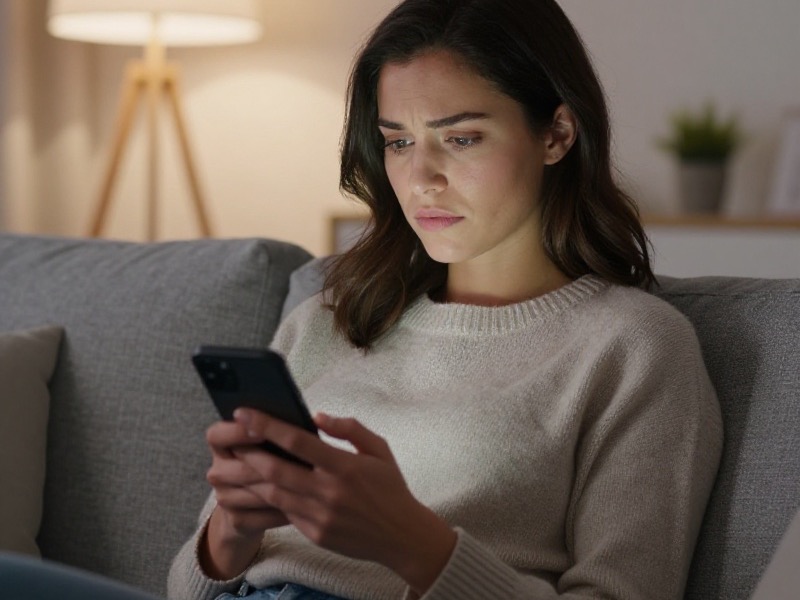 A person in their late twenties sits by a bright window with a coffee cup, looking thoughtfully at an unanswered message on their phone in soft natural daylight, photo-realistic style.