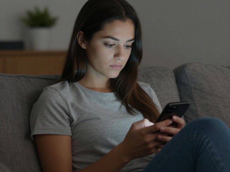 A young woman sitting on her bed at night staring at her phone with a worried expression, soft lamp light, cluttered thought bubble mood conveyed through composition