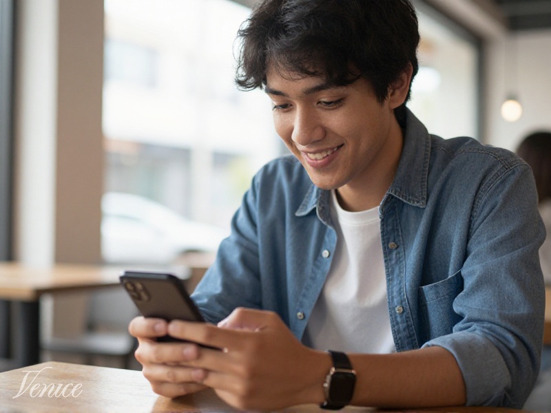Person smiling while using a free dating app on a phone at a cafe table