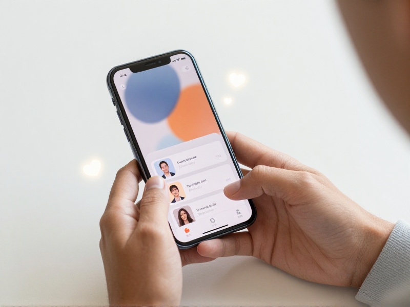A person reviewing a dating app on a smartphone at a bright desk, with an abstract matching interface glowing softly in the background