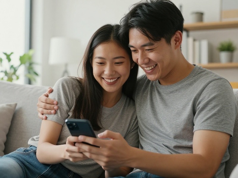 A smiling couple sharing a genuine warm moment while looking at a phone together in a bright modern living room