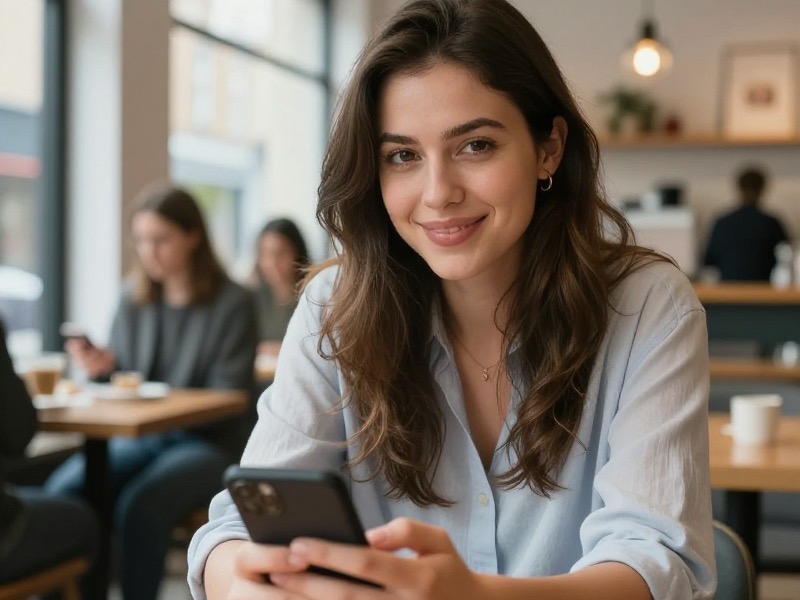 A person smiling while typing a clear relationship goal into a dating app profile on a smartphone in a bright, modern cafe