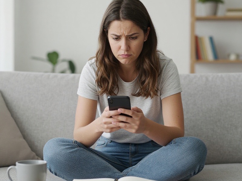 A smiling young adult reads dating app messages on a smartphone while sitting at a cafe table.