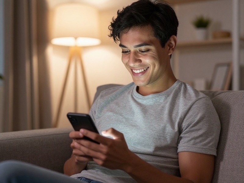 A person new to online dating smiling at their phone on a sofa at home in relaxed evening light, looking hopeful and at ease.