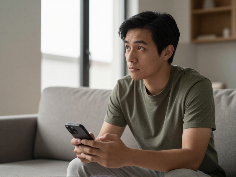 A young adult sitting on a sofa looking thoughtfully at a phone in soft daylight, modern apartment, respectful and modest photo-realistic scene