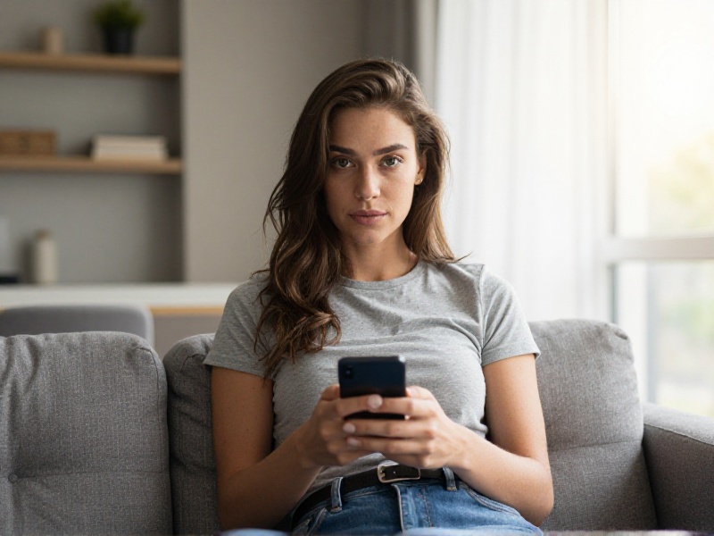 A calm person sitting by a sunlit window holding a phone, looking relaxed and confident while texting on a dating app, warm natural light, peaceful mood