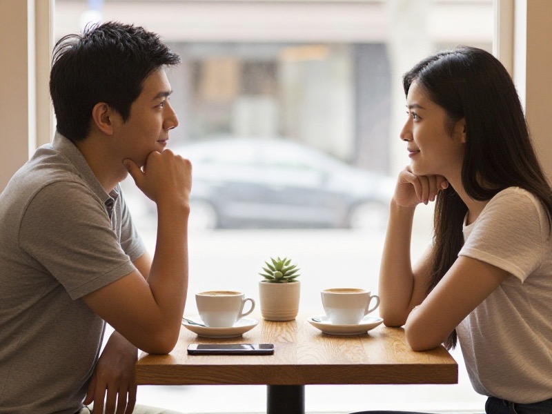 A woman and a man in their early thirties sitting across a small wooden table in a sunlit neighbourhood cafe, phones face-down beside their coffee cups, mid-conversation and laughing in soft late-afternoon light