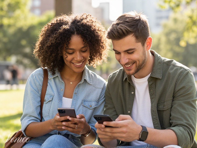 Two young singles smiling while chatting on their phones in a city park