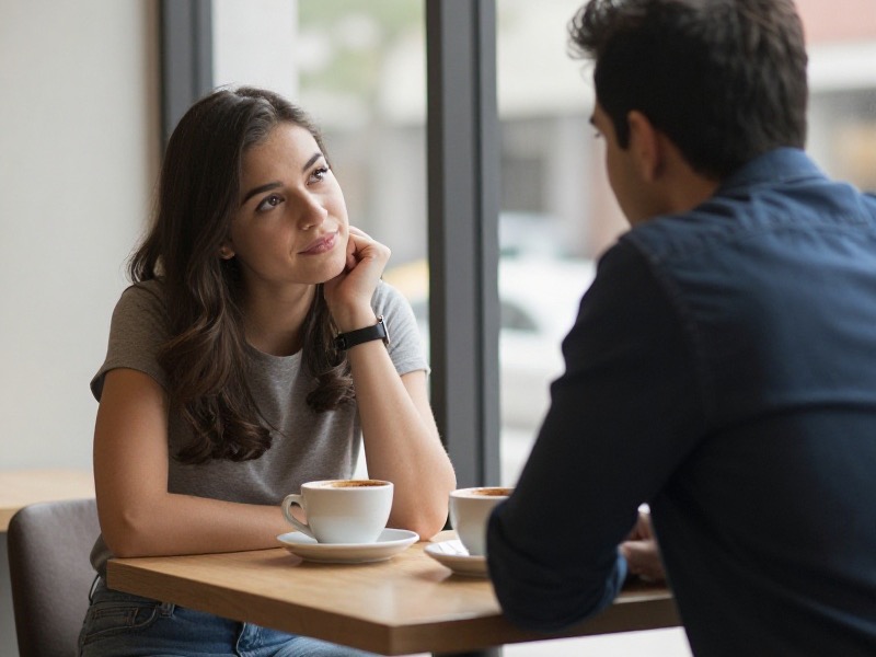 A woman on a cafe date looking away from her smiling companion with a flat, unconvinced expression, warm afternoon light through the window.
