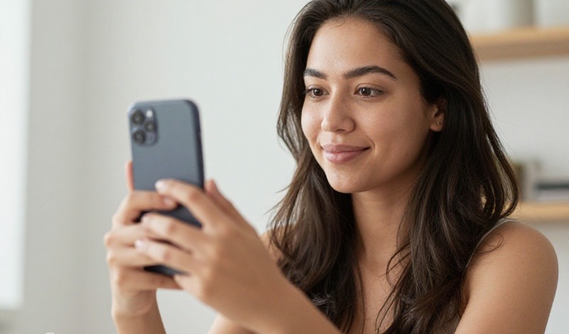 A young adult on a video call on a smartphone verifying a match, in a modern home with soft natural light.